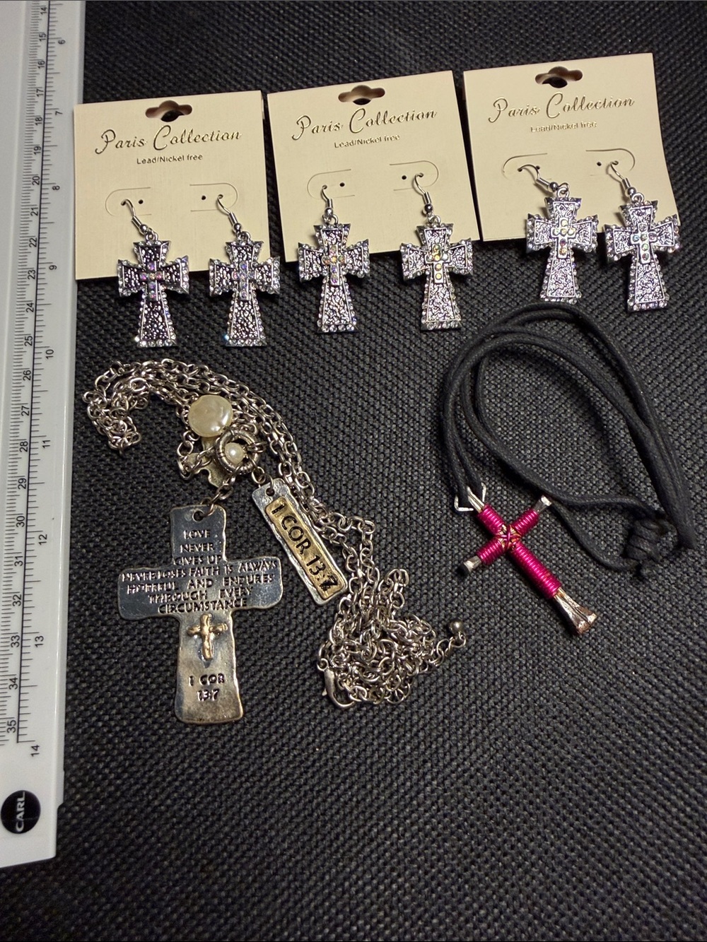 5 Pc Religious Cross Jewelry Lot Paris Collection Earrings 1 Cor 13:7 NWT